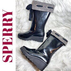 SPERRY Tall Black Wedge Fold Over Rubber Duck Boot Flannel Lining, Size 8